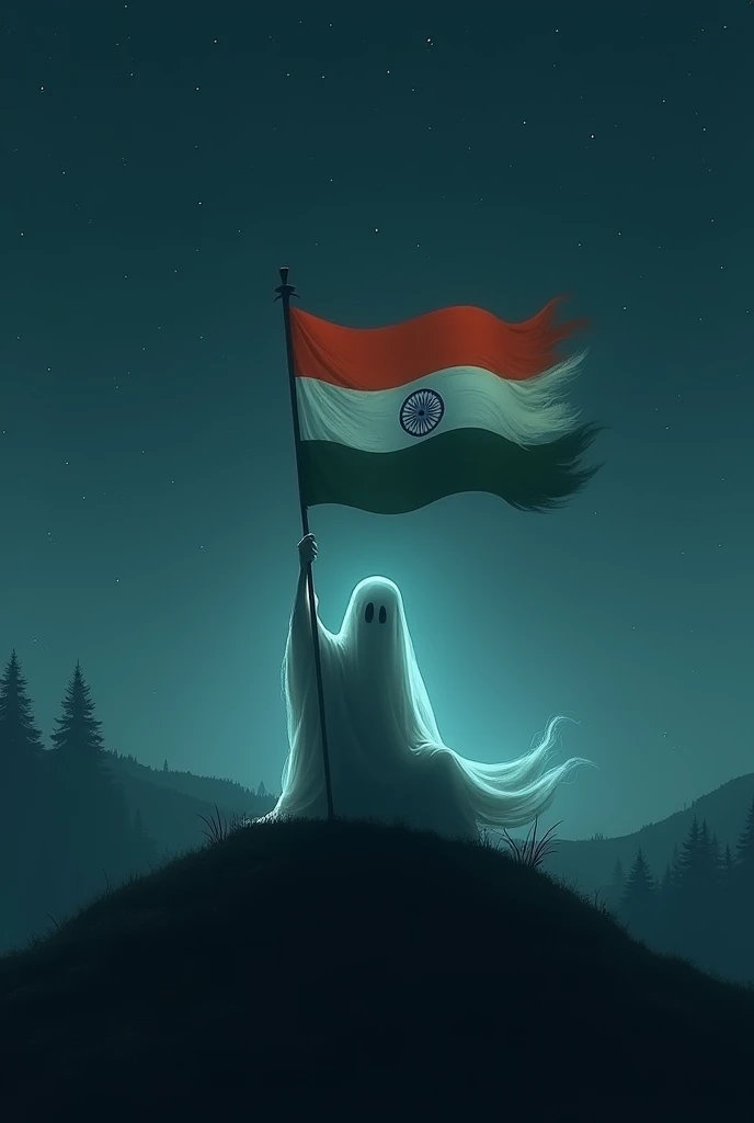 Ghost sitting atop a hill at night, holding high the unharmed indian national flag