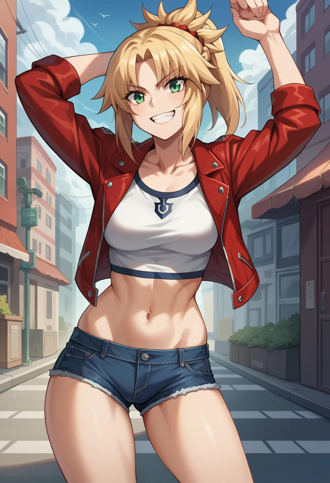 Masterpiece, Best Quality, illustration, city street, 1girl, Mordred \(fate\), cowboy shot, collarbone, Detailed blond hair ponytail braid, green eyes, Red leather jacket, White short blouse, denim shorts,navel,thigh-high,grin,covered_nipples, covered_pussy,skiny