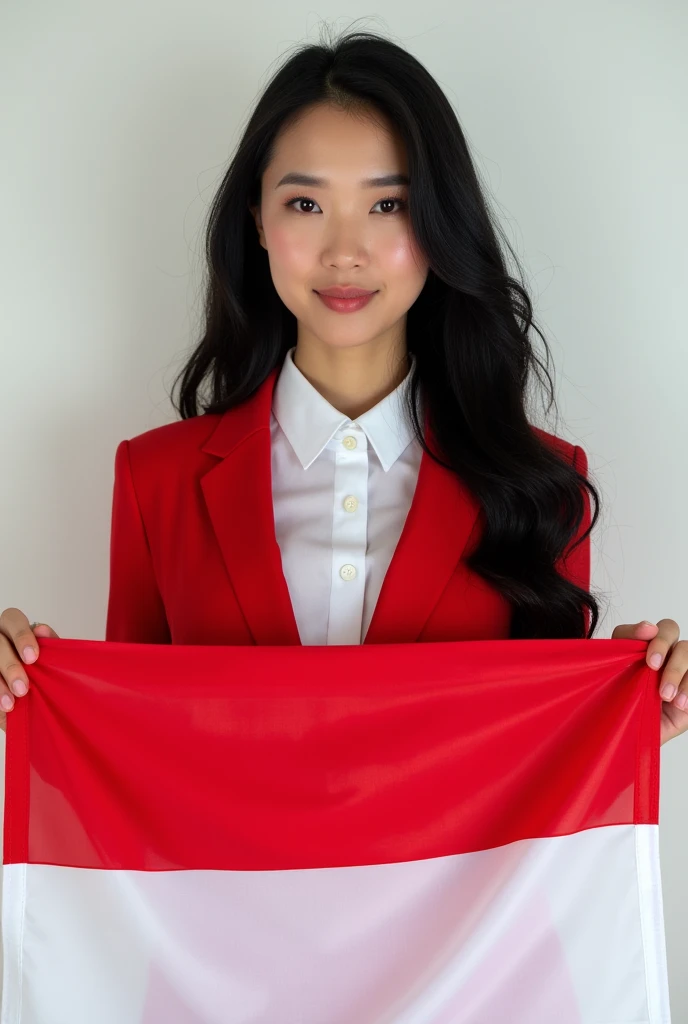 Portrait, Beauty Woman, Long Hair, Black Hair, Hold Indonesian Flag, Shirt, Blazer Red, Tie, White Background