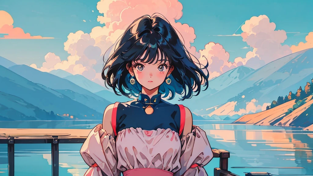 whole body (独奏: 1.5) alone 1girl Retro fine blue sky bright Happy