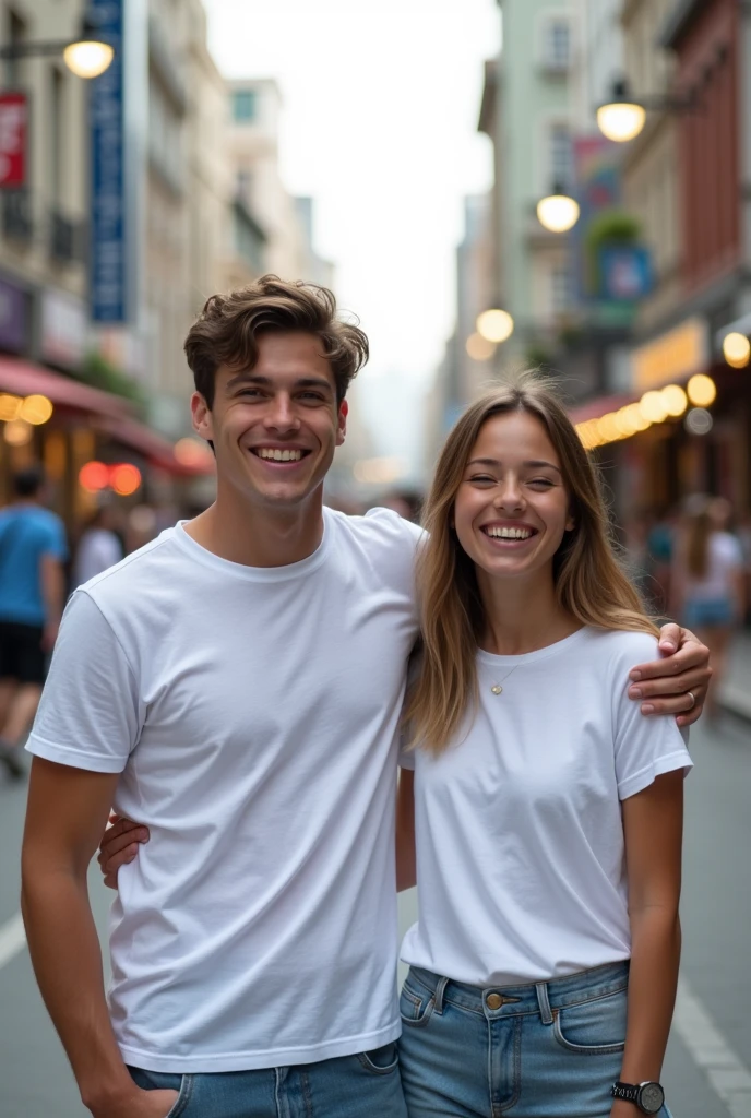 Two young people aged 25 wearing white t-shirts in a city having fun. Young people looking at the camera smiling. photo by full body