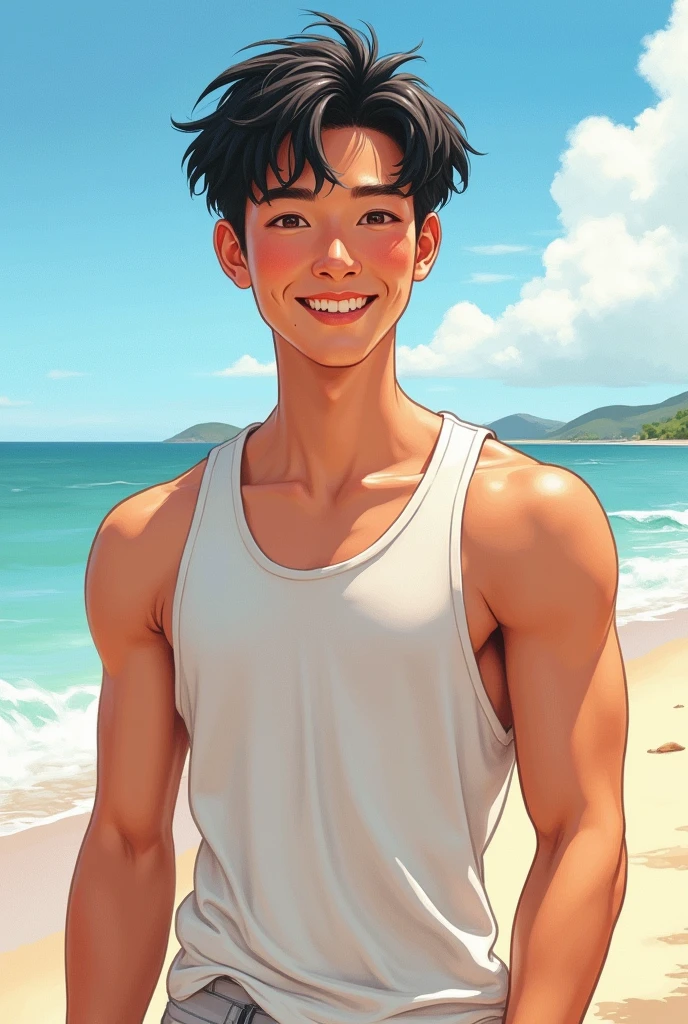 Realistic, detailed drawing, 18-year-old boy, smiling, Sunny day, Tank top, chinese boy, Slim