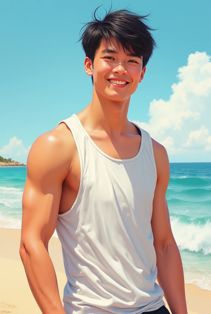 Realistic, detailed drawing, 18-year-old boy, smiling, Sunny day, Tank top, chinese boy, Slim