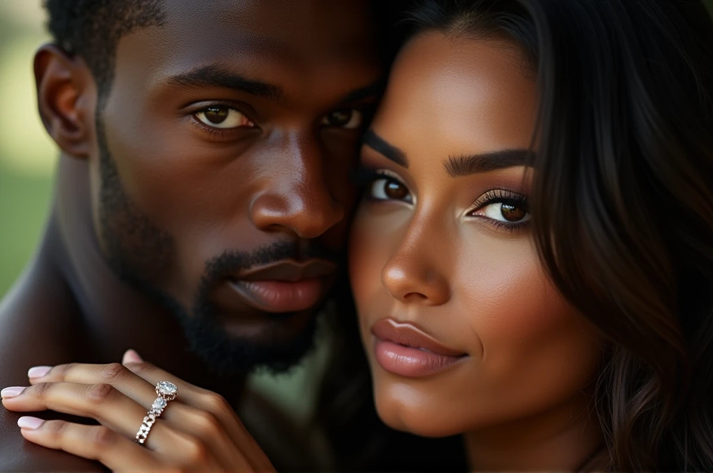 a close up of a young afroamerican man and beautiful Latin woman with dark skin chocolate color eyes looking at viewer emerald green color, seductive big body balanced , perfect beauty, long silky hair with waves embracing each other, intimate holding close, man and woman in love, engagement ring ads, by Emma Andijewska, by Matt Cavotta, hand on his cheek, couple pose, couples portrait, arm around her neck, couple portrait, man and woman, lovely couple, holding each other hands
