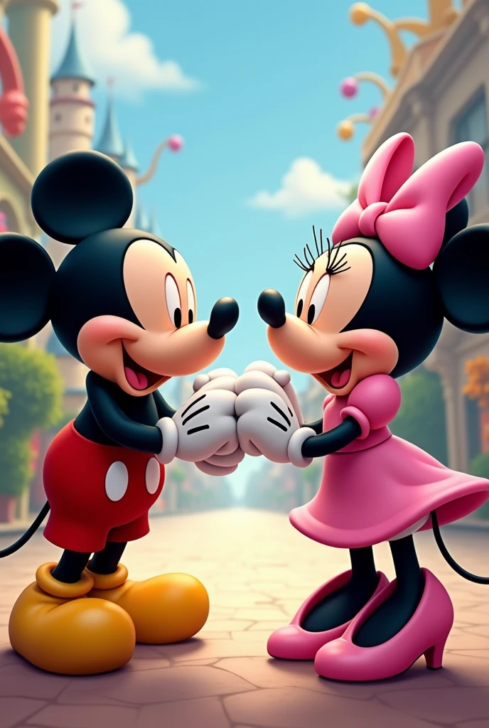 Make an image of Mickey Mouse and Minnie Mouse bumping fists