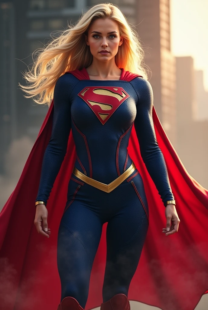 (((Gaia Weiss under the mantle of the Kryptonian Kara Zor-El aka Supergirl long blonde hair Red corset suit and blue leggings with red boots red cape)))