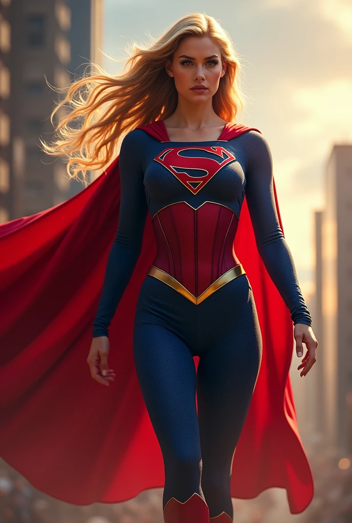 (((Gaia Weiss under the mantle of the Kryptonian Kara Zor-El aka Supergirl long blonde hair Red corset suit and blue leggings with red boots red cape)))