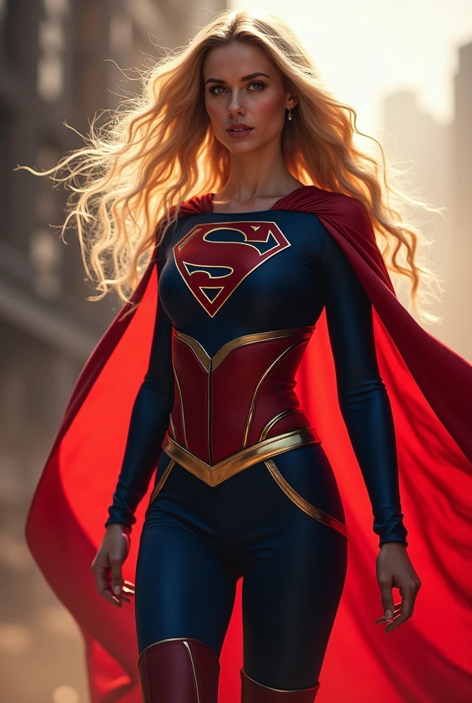 (((Gaia Weiss under the mantle of the Kryptonian Kara Zor-El aka Supergirl long blonde hair Red corset suit and blue leggings with red boots red cape)))
