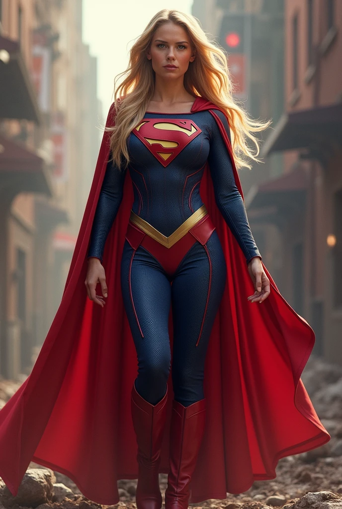 (((Gaia Weiss under the mantle of the Kryptonian Kara Zor-El aka Supergirl long blonde hair Red corset suit and blue leggings with red boots red cape)))