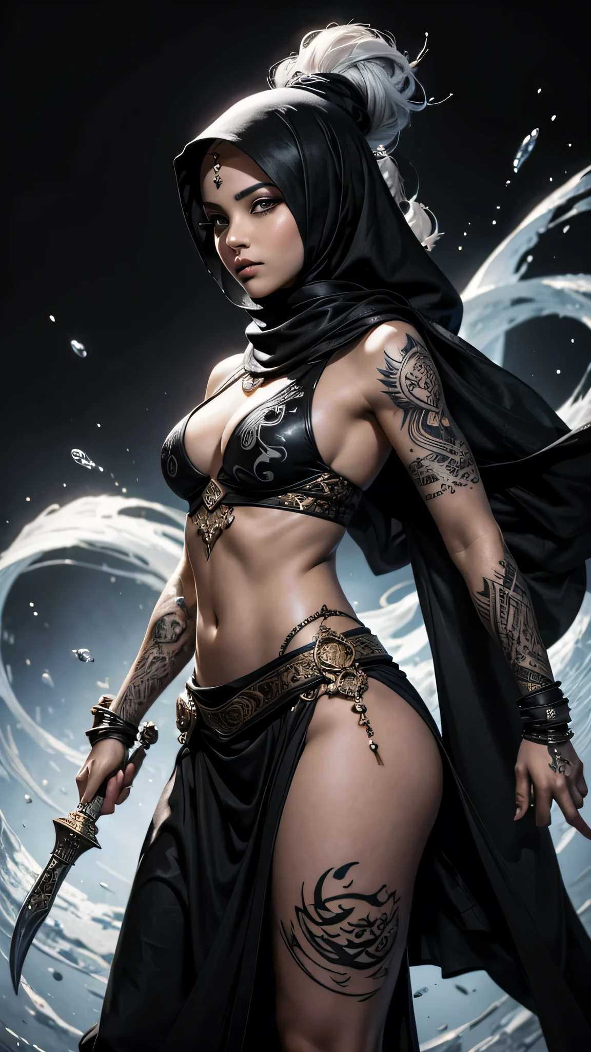 Female Muslim warrior, The art of tattooing, ink splash, swirl of ink, Arabic letter, art at its best, black, White & Grey