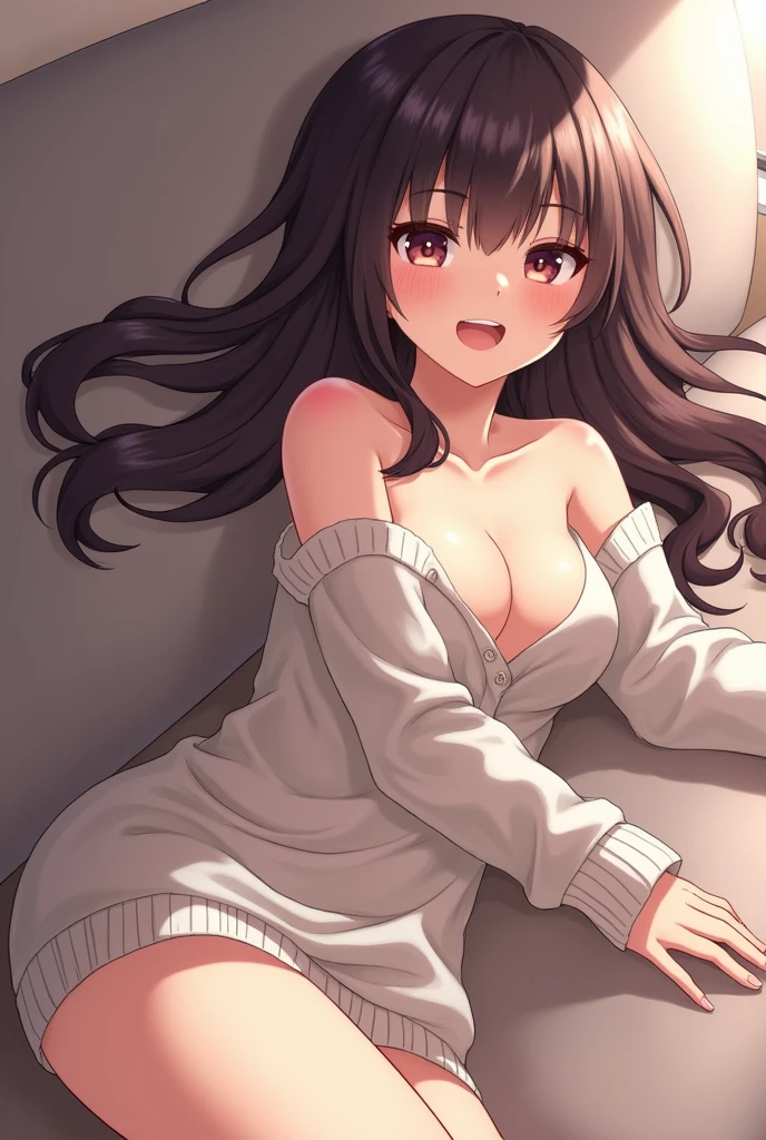 Anime girl laying on couch with nothing on. Big tits. Sweater almost completely off.