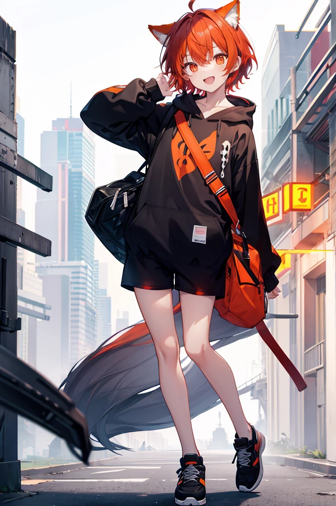 Full body portrait，front，male　Red Hair，Short hair，Orange Eyes，Dog ears，，About，White hoodie outfit，Mouth open，smile，Moe sleeves，Pause，Black shorts