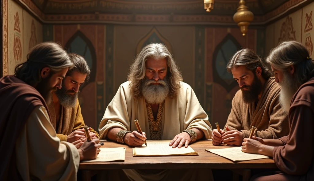 Moses sitting with scribes, teaching and writing laws. The environment is a tent decorated with scrolls and writing instruments. The atmosphere is one of learning and wisdom.