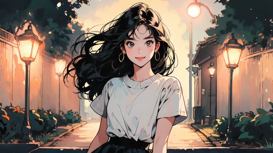 whole body、Kind Face、1 pretty woman、Short sleeve、skirt、stage、Street lamp 、Complex background、smile、Black Hair、Faint lighting