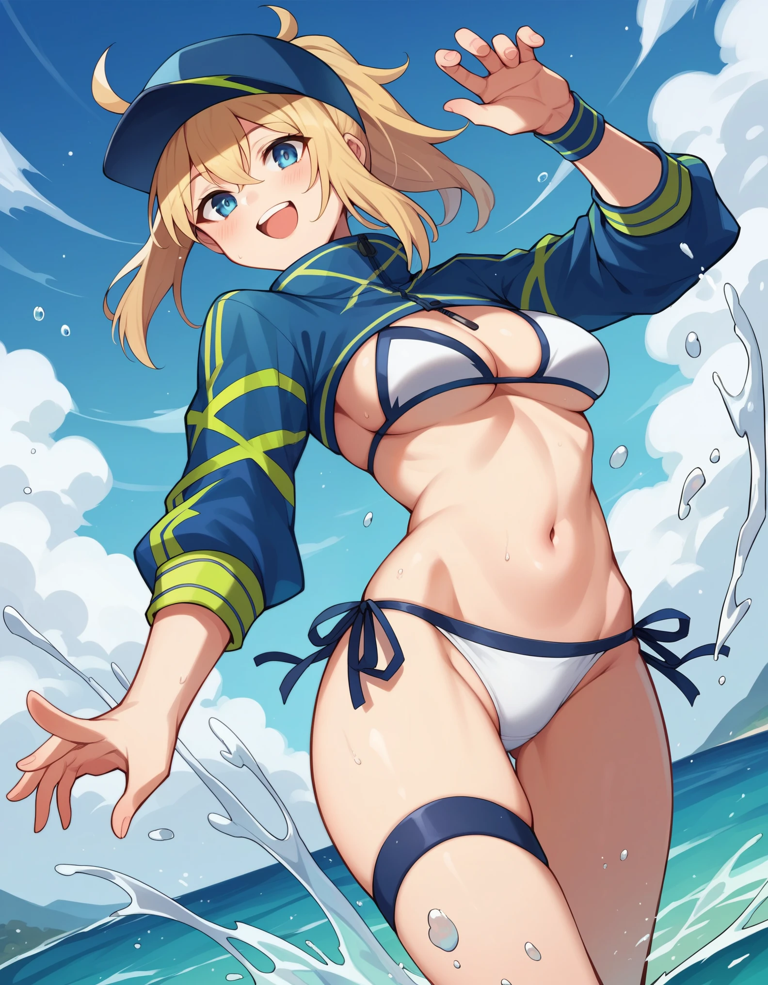 masterpiece,(ultra-detailed),1girl, mysterious heroine xx \(fate\), half_eyes,smile,open mouth, swimsuit, white bikini, side-tie bikini bottom, shrug \(clothing\), jacket,  thigh strap, wristband,  large_boobs, ocean_landscape, splashing,blonde_ponytail,open_legs,cap,happiness,,dynamic_standing,