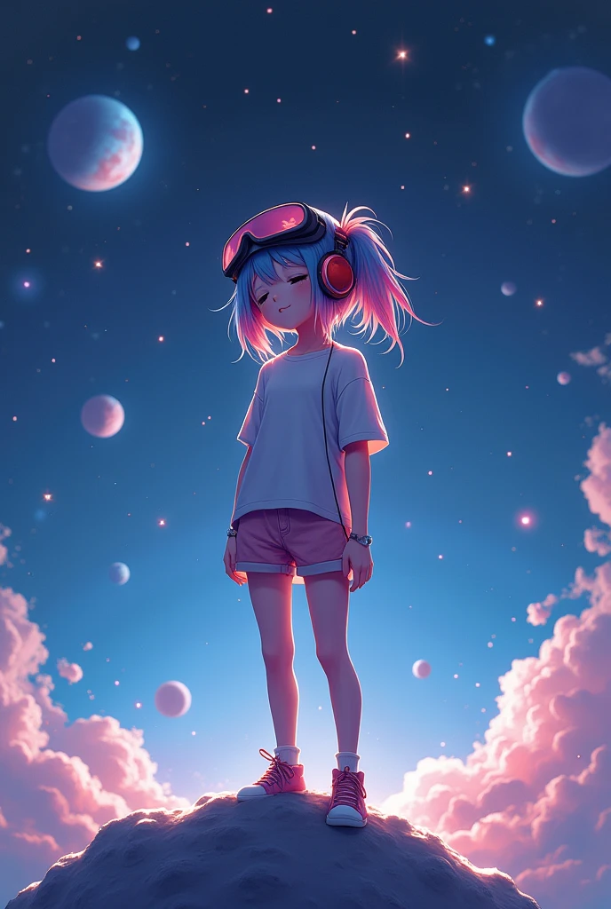 A girl wearing shorts and small top standing on the moon with space in the background, stars, planets, multicolored hair, goggles, headphones, eyes closed, eyes closed, Futurism, glowing light, sparkle, chromatic aberration abuse, atmospheric perspective, UHD, retina, high quality, highres, 16k