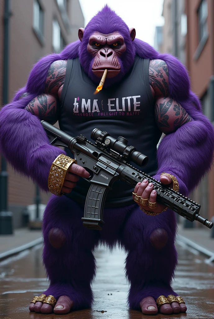 Purple Ape, With giant and high-caliber weapons, wearing a shirt from the brand Mma elite, tattooed, with huge diamond and gold rings, smoking with a pipe