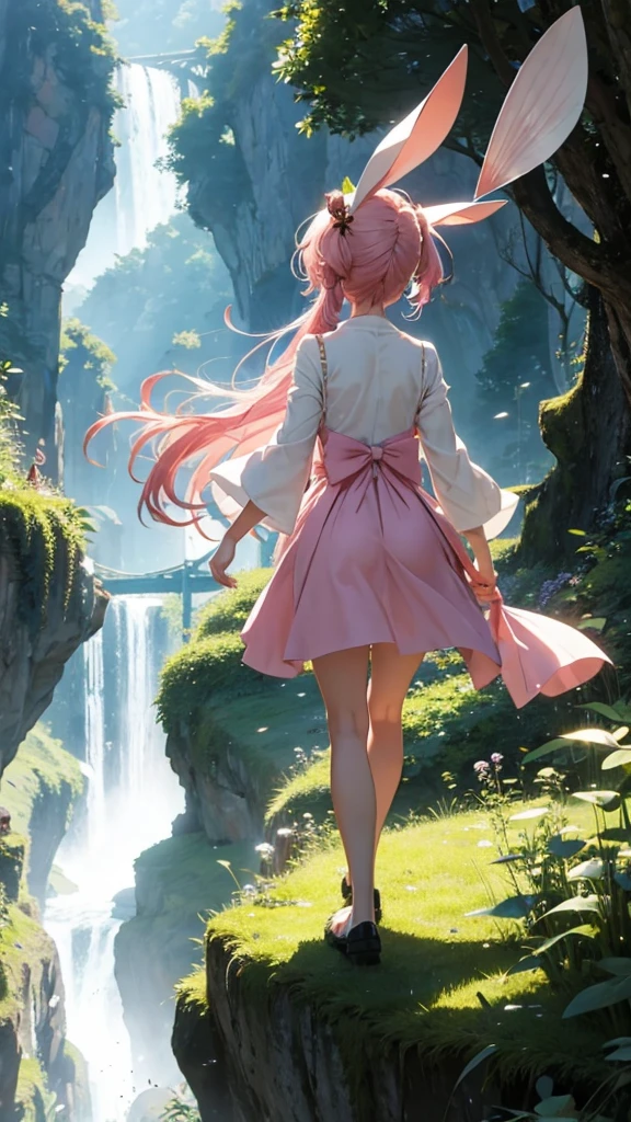 Fairy tale world、Ghibli style、The back view of walking、A world where yokai live in the mountains、Anime Style1人の, Bunny ears, Anime Style, Pink Hair,
