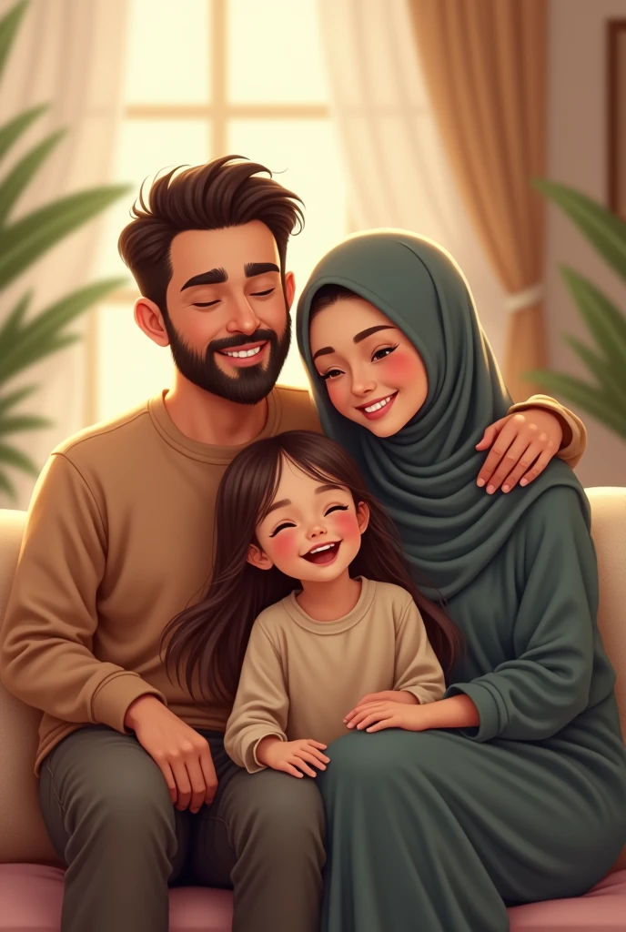 Muslim husband and wife with two cute little children. A girl long hair four years old and her little brother two years old sitting and laughing happily