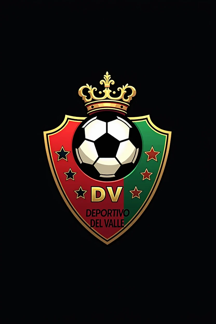 football shield with black colors, Red and green with the initials CDV with a soccer ball in the center of the top and with a crown above the ball with stars at the bottom of the shield and inside the shield that says Deportivo del Valle all in 2D
