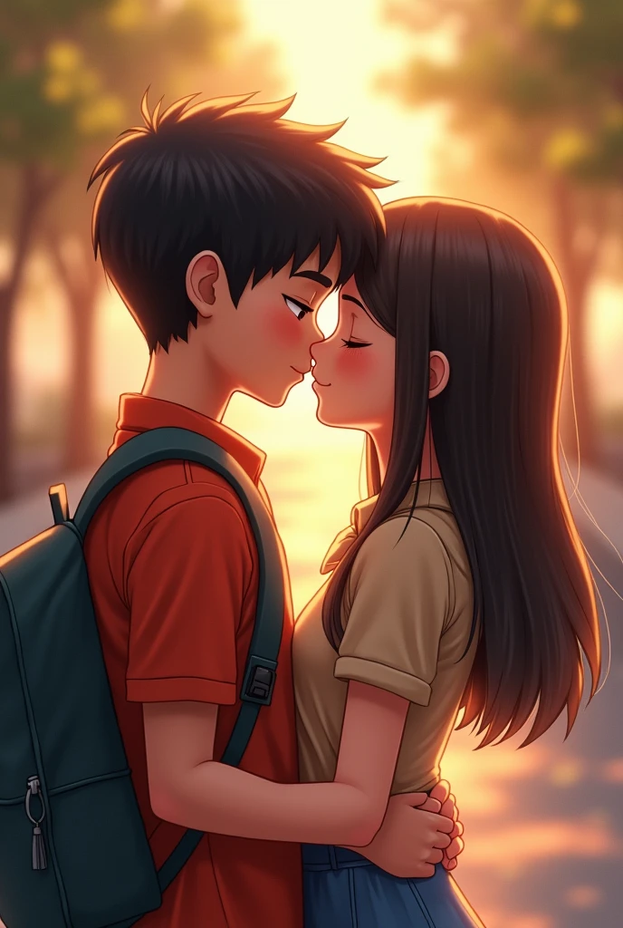 A boy and girl sitting and lip kising boy uniform print nikhil and girl uniform print bhumika