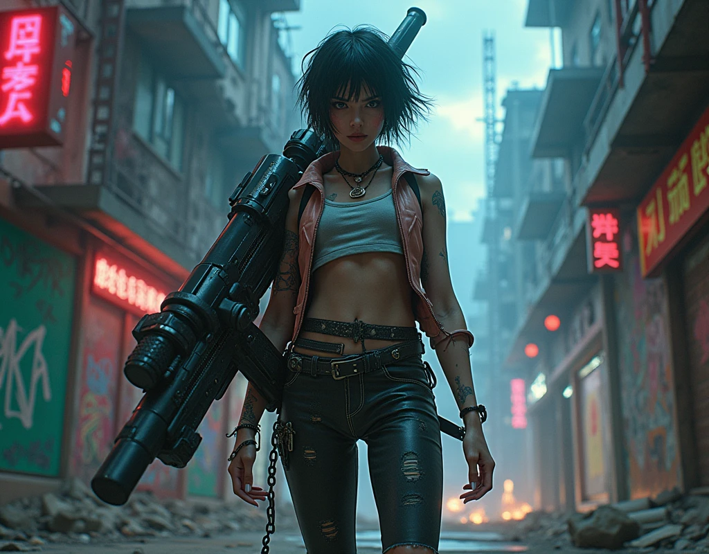 A cool, confident girl with a rebellious attitude, standing in an urban, post-apocalyptic environment. She has short, messy hair, a fierce expression, and is casually shouldering a gigantic, massively overiszed futuristic gun. The weapon should be 3 times the size of the girl. Her outfit is a mix of cyberpunk and street style, with neon accents, leather, and metallic details. The background is a gritty cityscape with crumbling buildings, graffiti-covered walls, and flickering neon signs. The sky is dark and ominous, with a few beams of light cutting through the clouds. The atmosphere is tense, with a sense of impending action, and the scene is filled with small details like scattered debris, smoldering ruins, and distant city lights