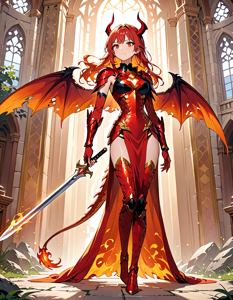 (((masterpiece, best quality, high detailed, 16k))) hzk (1girl) A fierce dragon rider with wild, fiery orange hair and blazing red eyes. She wears a suit of dragon-scale armor that shimmers in shades of red and gold, and a large sword is strapped to her back. She stands confidently beside her dragon, her hand resting on its massive neck. ((full body view))
