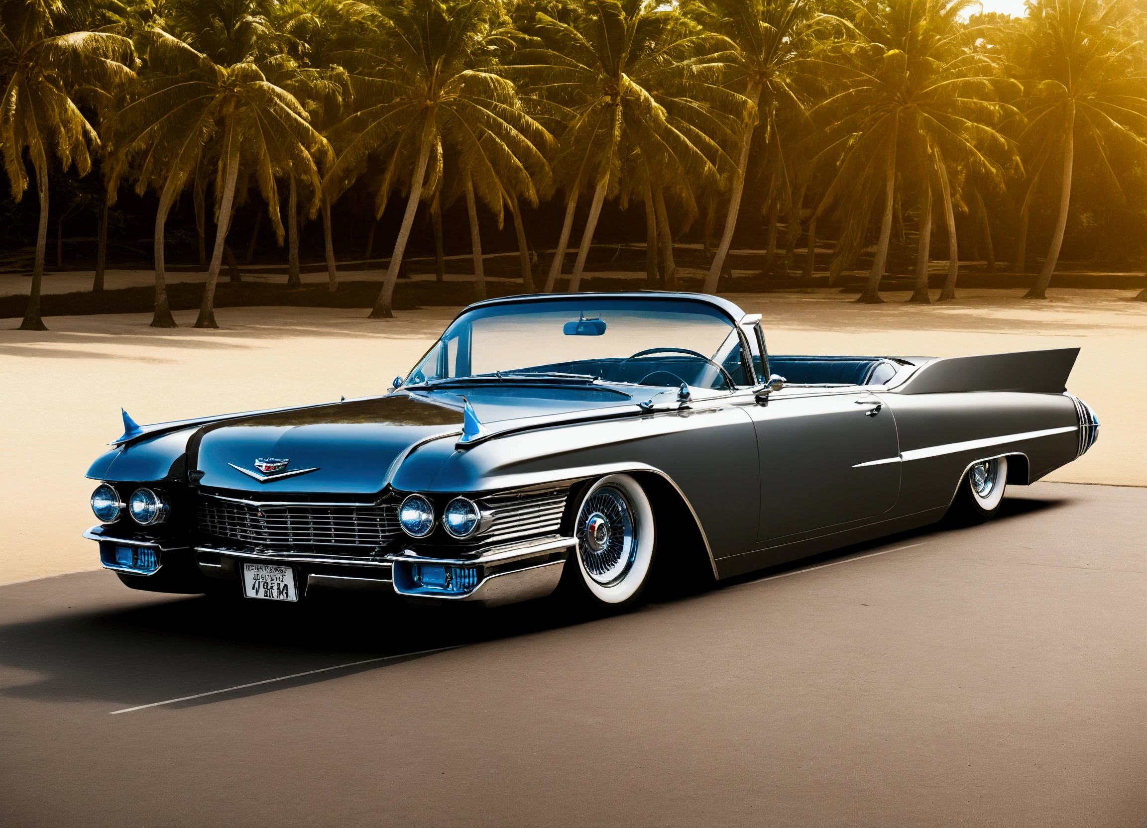 DIAGONAL and distant CAMERA, full image of a 1959 Cadillac Eldorado Biarritz convertible hot rod, futuristic style, rounded corners, SILVER COLOR MIRRORED METALLIC reflective, METALLIC MIRROR SILVER COLOR, EXTREMELY POLISHED AND MIRRORED PAINTING, PAINTING reflects bright sunlight, Hot rod style , film style stalone cobra, the painting reflects the sunlight, reflection of light shine on painting, has a THICK AND WIDE wheel in the color GOLD star, has GOLD star color wheel, thick and ridiculously wide and turned sports wheels, GOLDEN AND POLISHED WHEELS, It has gold wheels, ridiculously lowered front suspension, IN A PARKING LOT IN FRONT OF A BEACH WITH COCONUT TREES AND BEAUTIFUL BLUE AND CRYSTAL CLEAR WATER, image in diagonal pose, hyper-detailed image masterpiece, whole image, The sun shines brightly on the car's paint., There's a beautiful 18 year old girl leaning against the car. ultra detaild, realisitic