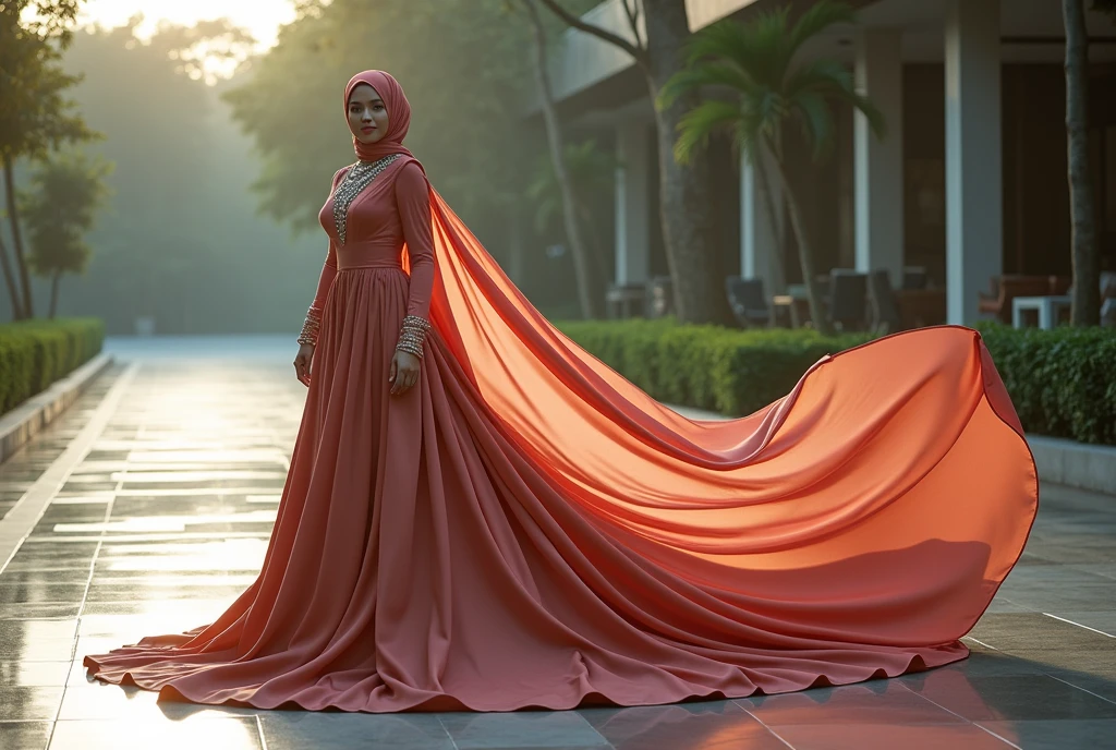 An malay woman in glamorous mermaid gown with long ballon sleeve, wear jewellery, wear modern satin hijab, entirety of fabric over botom dress about 7 meters in length trailing dramatically, glamours style, overlong dress train, extreme detail on the texture of the fabric, wear high heels, sexy random pose outdoor, beautifull bright lighting, ultra realistic, high-resolution photography.