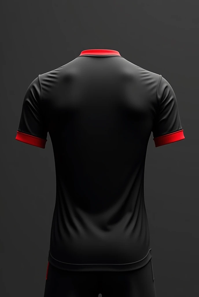 Design a men's football jersey, Black jersey with short sleeves and V-necks, that the fabric at the end of the sleeve is red. seen from behind