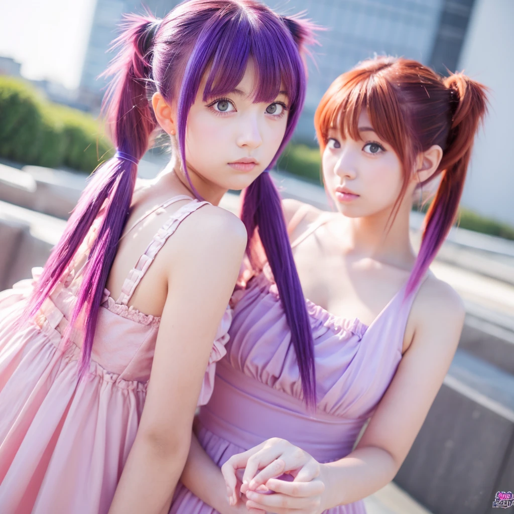 A girl,with orange eyes, purple hair wearing a two pigtail hairstyle, a pink dress, tsundere. With Korean features