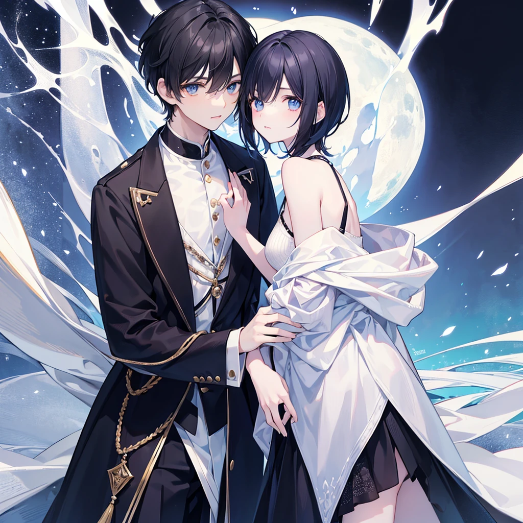 Young guy with short hair reaching his ears, his hair is black, Her skin is soft and pale in tone, Her eyes are almond-shaped and blue.