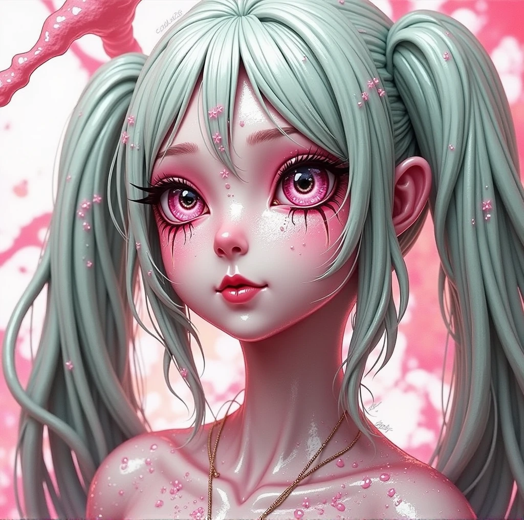 A woman with pink skin and four eyes