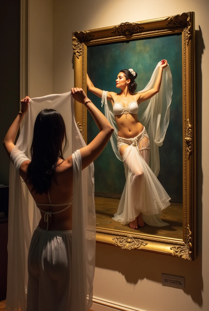A banner written as the main caption "Art imitates life"dated 30/11/2024 at 7pm with the image of "A painting on the wall, framed in gold, depicts a belly dancer with a veil in her hand. In front of the painting, a woman is looking at it, striking the same pose as the belly dancer, also with a veil in her hand, mimicking the photo and wearing the same clothes.