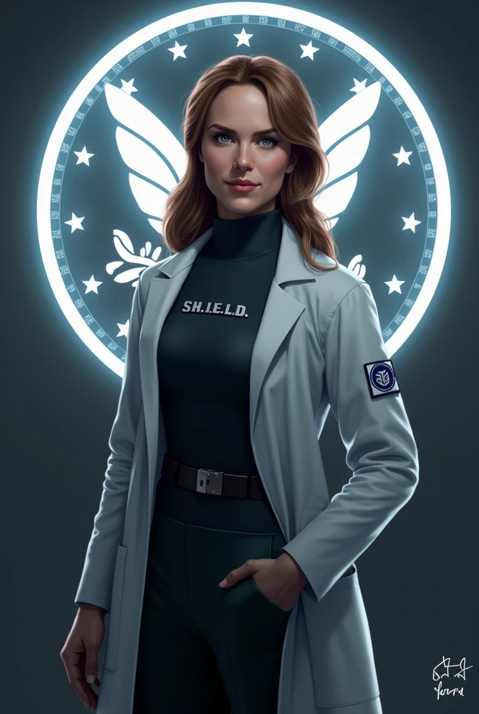 Jemma Simmons Digital Download. Jemma Simmons is shown with the S.H.I.E.L.D. Emblem in the background. There is a spotlight in the background illuminating Simmons and the S.H.I.E.L.D. Emblem.