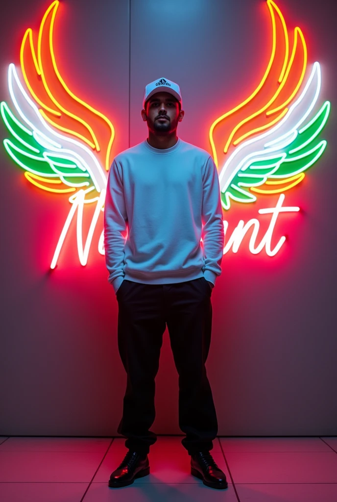 In this striking and futuristic scene, a mysterious individual stands confidently in front of a mesmerizing neon wall. The individual’s casual attire – a white sweater, white cap, black pants, and black shoes – contrasts with the vibrant neon wings in indian flag color orange,white and green symmetrically placed on either side of the figure. The bold big red neon quote “Nishant” adds an inspiring touch to the composition. The floor, made of tiles, reflects the grayish hue of the wall