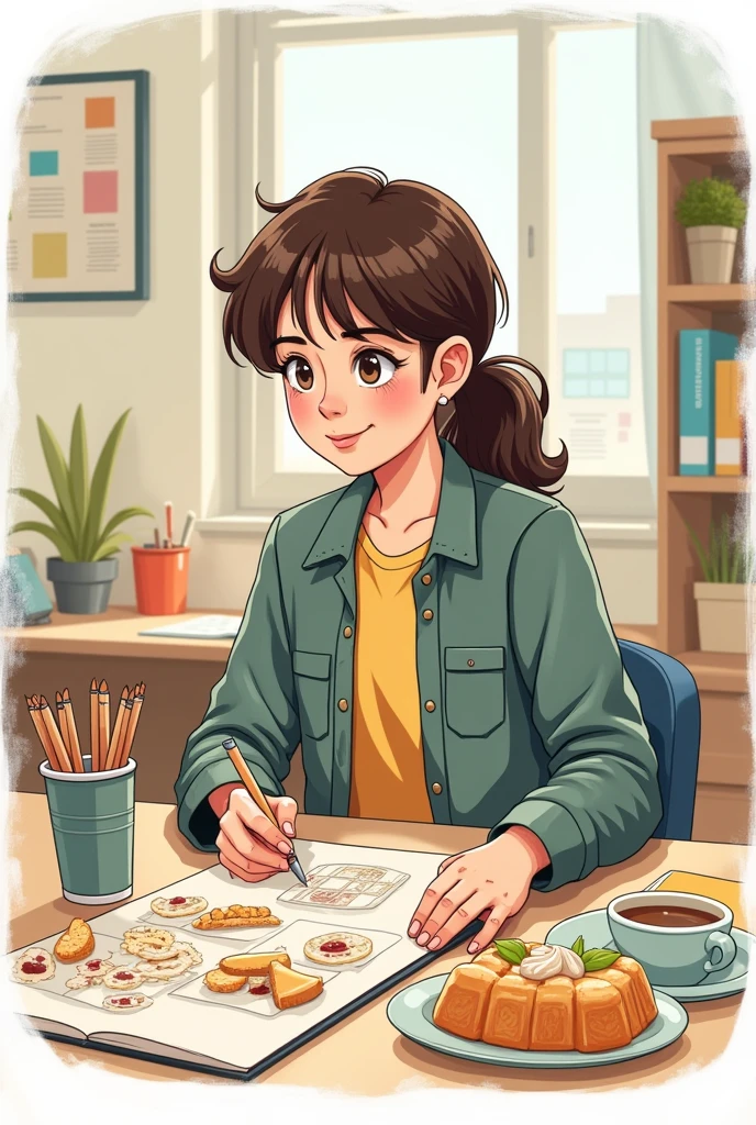 A drawing of how to create your food brand but only a 17 year old person at the desk and showing a food design in a school But the drawing is easy or medium to draw