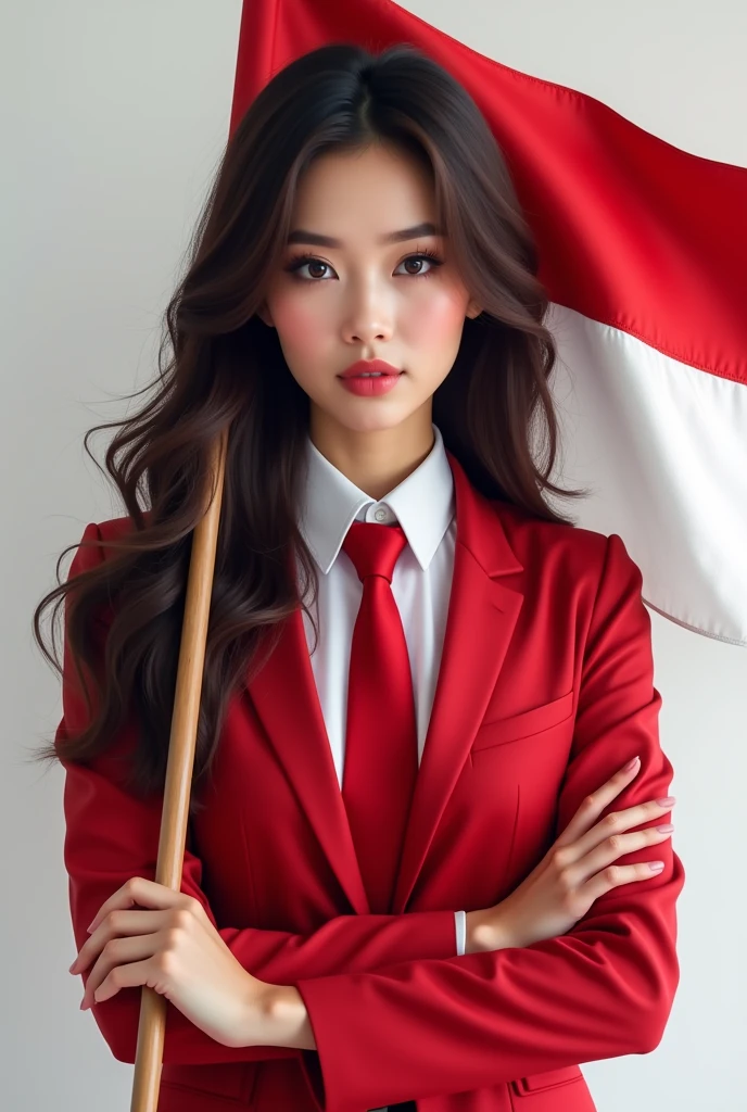 Portrait, Beauty Woman, Long Hair, Black Hair, Hold Indonesian Flag, Shirt, Focus Camera, Blazer Red, Tie, White Background