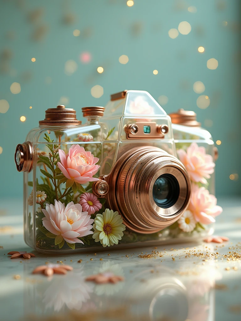 fanciful, translucent vintage camera with metallic copper and silver details, filled with an array of soft pastel flowers including hues of pink and white and green inside it, floating golden sparkles, magical touch to the composition,