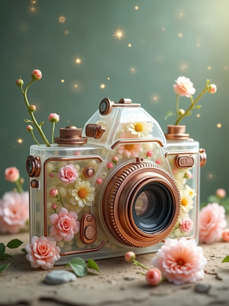 fanciful, translucent vintage camera with metallic copper and silver details, filled with an array of soft pastel flowers including hues of pink and white and green inside it, floating golden sparkles, magical touch to the composition,