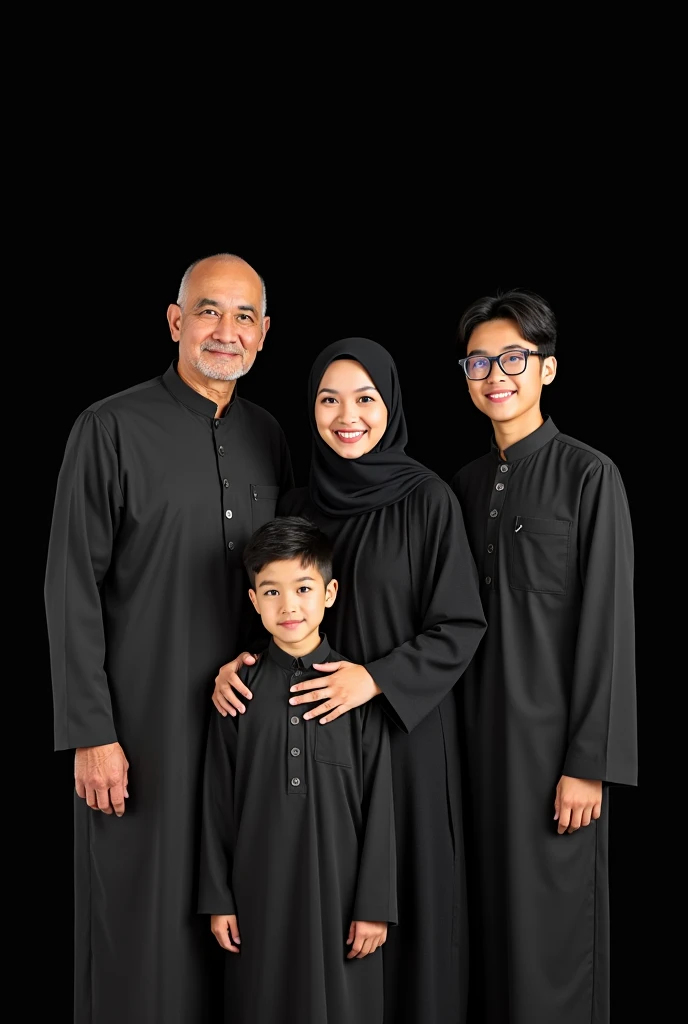family studio photo of 4 people wearing muslim clothes with the same theme, 73 year old father with thin bald hairstyle, 70 year old mother wearing hijab, 20 year old first son wearing glasses with neat hairstyle, 15 year old second son with neat hairstyle. black background
