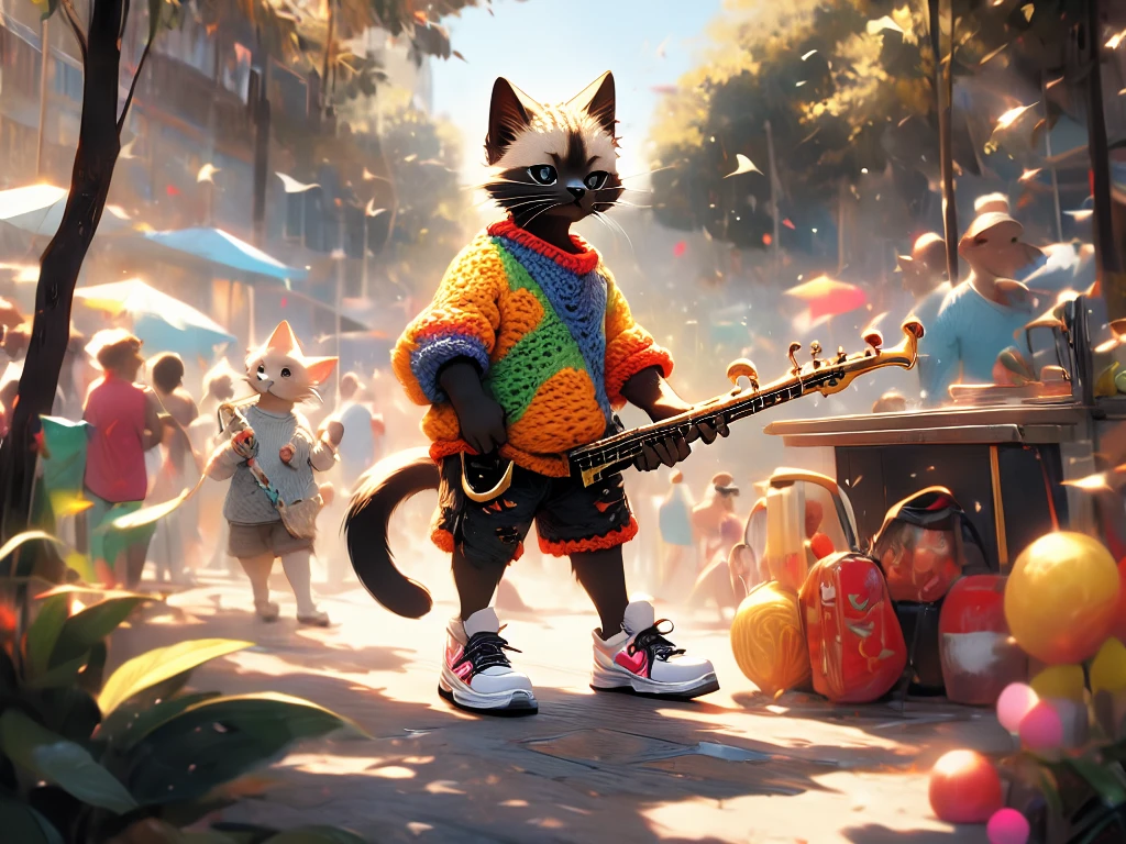 a random anthropomorphic image, of a Siamese kitten, playing the bass saxophone wind instrument, the kitten is dressed in a light blue knitted sweater, wearing a multi-colored crochet cap, torn yellow shorts, Air Jordan sneakers, standing in a park playing, the crowd praises him, full HD 16k. full body, poster, typography, photo, 3d render, fashion