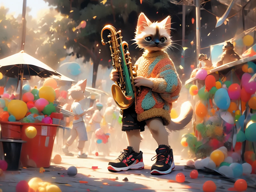 a random anthropomorphic image, of a Siamese kitten, playing the bass saxophone wind instrument, the kitten is dressed in a light blue knitted sweater, wearing a multi-colored crochet cap, torn yellow shorts, Air Jordan sneakers, standing in a park playing, the crowd praises him, full HD 16k. full body, poster, typography, photo, 3d render, fashion