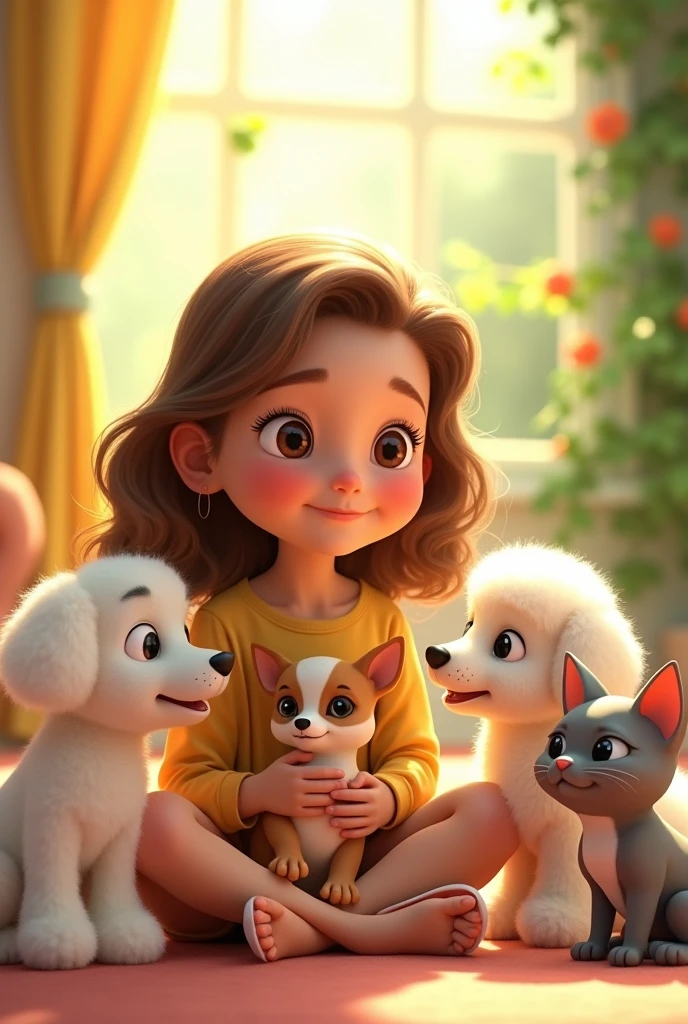 Girl with the following physical characteristics: brown wavy hair, large eyes, round, rosy cheeks. Must have three pets: a white poodle, a small white short-haired Chihuahua with a brown spot on one eye and also a light gray cat with white. Animated