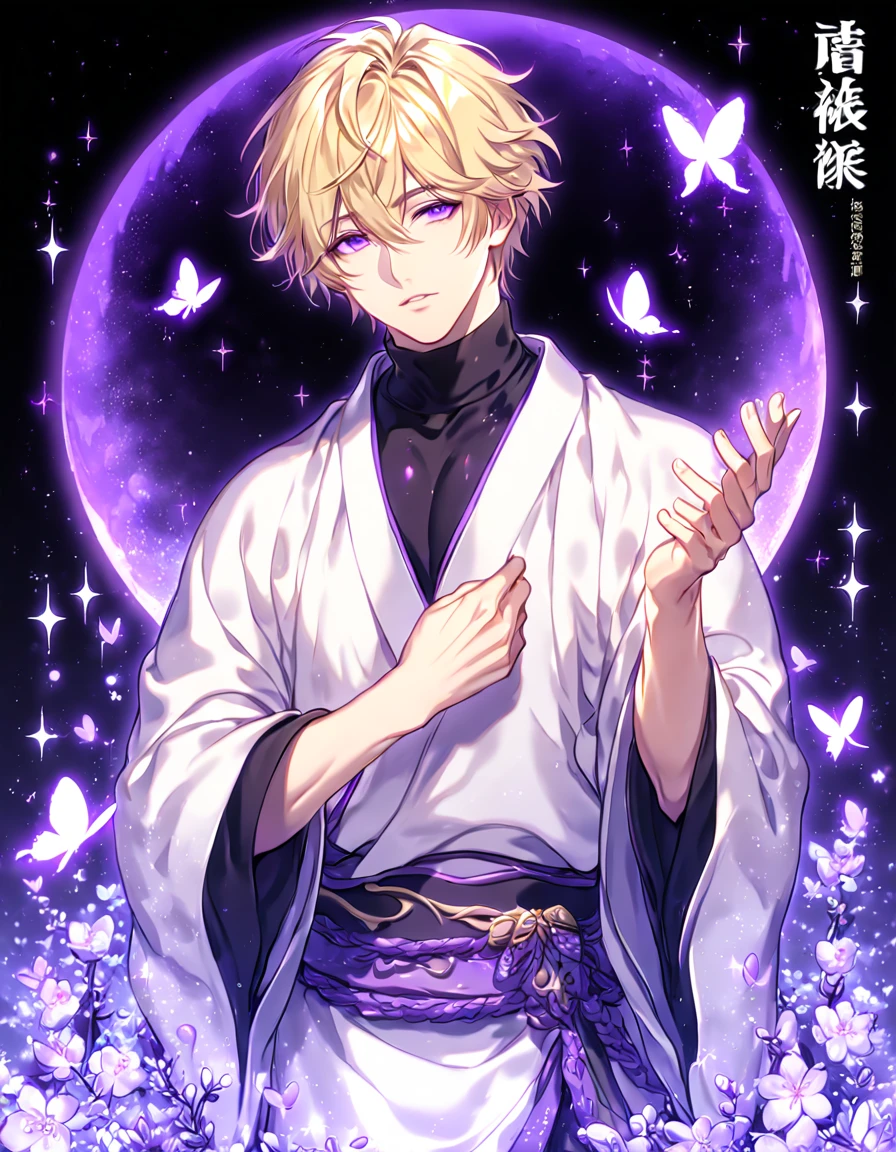 absurdres, highres, ultra detailed, HDR, master piece, best quality, Genjou Sanzo, blonde hair, expressive purple eyes, Saiyuki, solo, sexy man, handsome, sensual, manly man, black tight turtleneck shirt, white kimono, fantasy, magical, shining, purple flowers, blossoms, water, purple petals, purple butterflies, sparkling, purple moon, starry sky