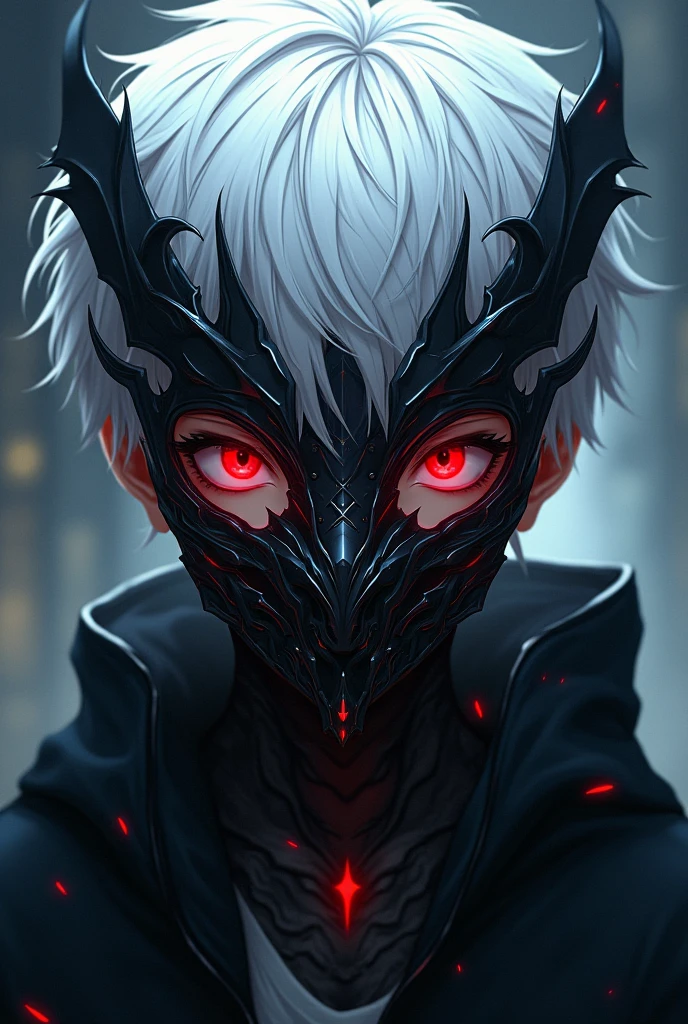 Anime boy with a demonic mask, white hair, and red eyes.