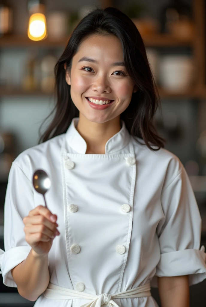 A woman smiling holding a spoon wearing a chef's uniform with very long, dark hair, slightly slanted eyes