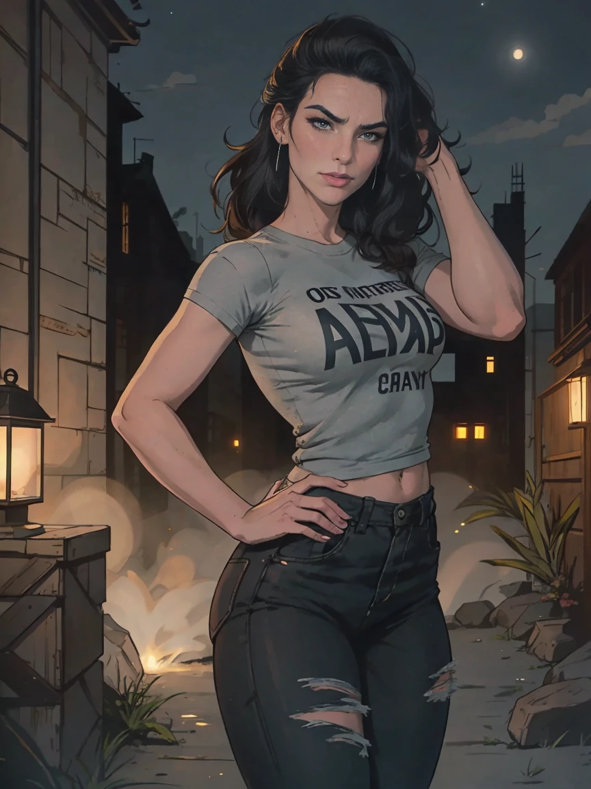 Extremely busty thin and toned brunette death metal girl, strung out, sleepy, stoned, fair skin, big hair, huge ponytail, hair pulled back, soft face, athletic, heavy makeup, piercings, grey t-shirt, grey tee shirt, studs, black pants, boots, fingerless gloves. black butterfly tattoos. standing in a dark alley at night. Outdoors, exterior, Nighttime. neon lights. (detailed background.) Grim. sly, bitter, evil, mean, angry.