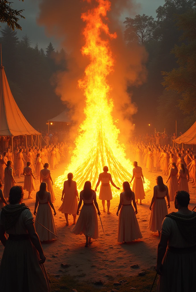 A party at a camp of a Celtic civilization. People are dancing and drinking mead around a large bonfire at night