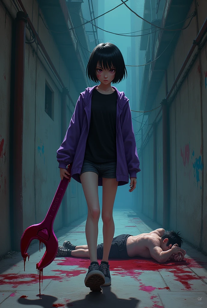 A with short hair, wearing a black short-sleeved shirt underneath, a purple jacket, holding a large purple wrench with blood on it, wearing black shorts, walking past the corpse she made.